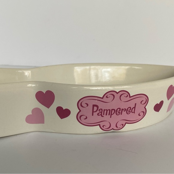Cat Bowl Fish Shaped Ceramic “Pampered” White Pink. 8” Long Water Food Kitty - Picture 2 of 14